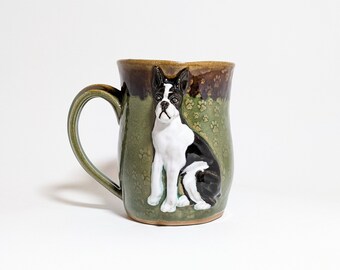 Handmade Ceramic Mug with Boston Terrier, Pottery Mug, Green Mug, Dog Mug, Coffee Cup, Tea Mug, Terrier Lover, Gift for Dog Lover