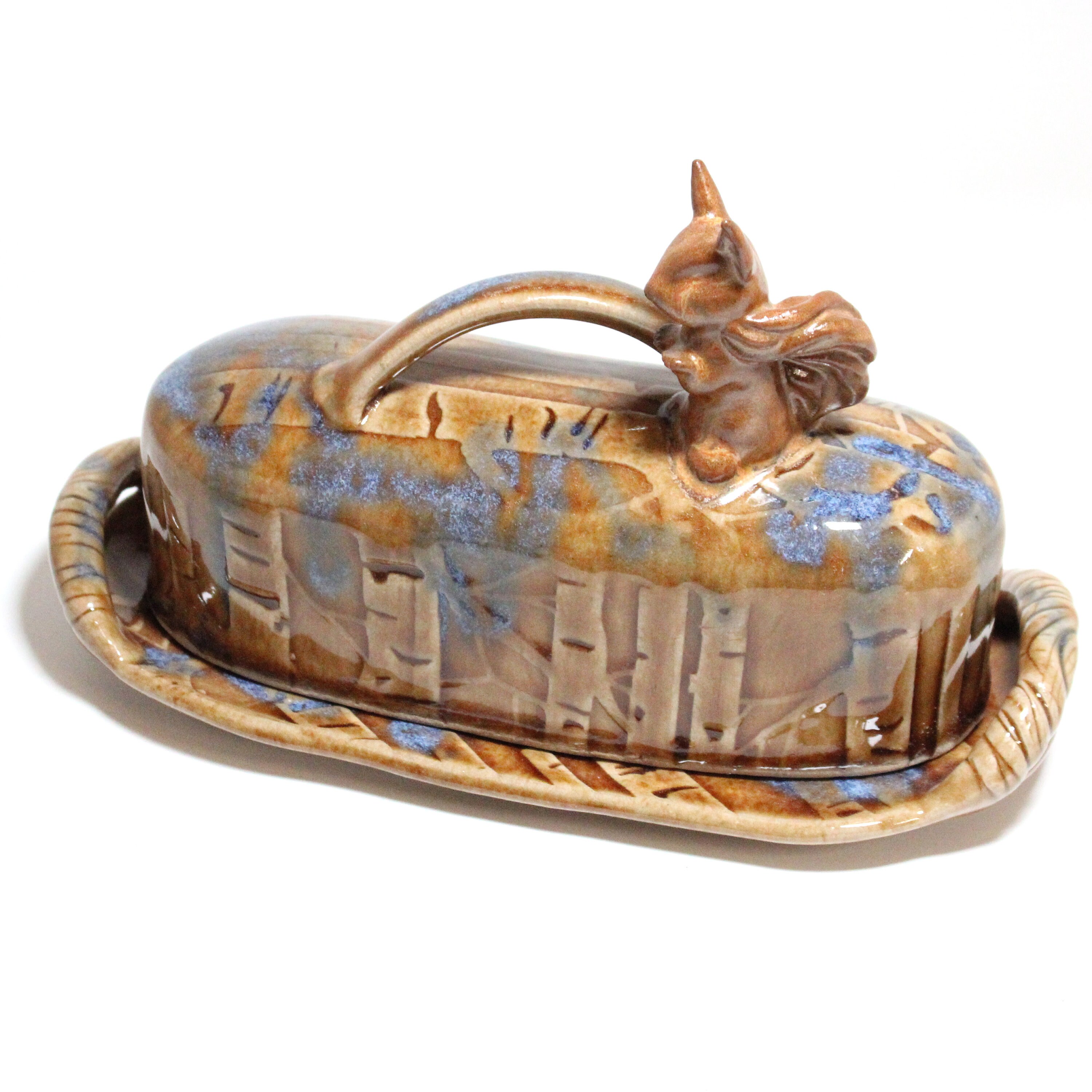 Forest Mountain Scene with Animals Etched on a Clear Butter Dish