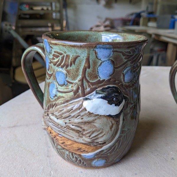 Reserved for Cavanaugh Handmade Mug with Chickadee Bird Relief and Blueberry Pattern, Ceramic Mug with Birdss, Fun Coffee Cups, Wildlife Art