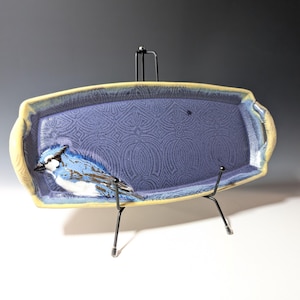 Purple and Yellow Serving Tray with Blue Jay Relief Art, Gift for Bird Lover, Bird Art, Gift for Nature Lover, Pottery with Birds, Clay Bird