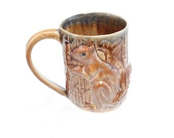 Handmade Ceramic Mug with Squirrel, Pottery Mug, Brown Mug, Squirrel Mug, Coffee Cup, Tea Mug, Squirrel Lover, Ceramic Squirrel Squirrel Art
