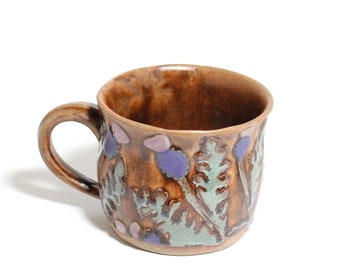 Scottish Thistle Ceramic Mug with Flowers Pink and Purple Flowers Green Vines Gift for Her Floral Tea Cup Small Mug Stoneware Ceramic Mug