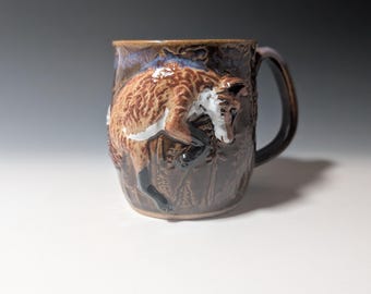 Handmade Mug for Nature Lovers with Sculpted Fox Relief, Brown Mug with Forest, Gift for Nature Enthusiast, Fox Art, Coffee Cup, Tea mug