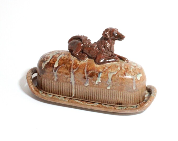 Rust Red Dog Figurine Handmade Ceramic Butter Dish With Lid, Butter