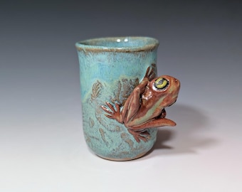 Handmade Green Frog Cup Pottery Cup: Stoneware Sipper, Small Vase, Bourbon Sipper, Espresso Cup, Frog Figurine, Sculpted Clay Frog