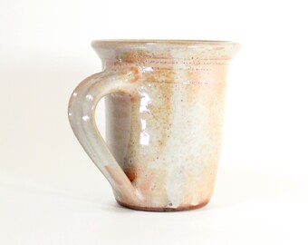 Mug Woodfired Cream and Brown, Handmade in Ohio, Wheel Thrown Mug Ceramic, Pottery Mug Rustic, Coffee Cup Handmade, Tea Mug woodfired