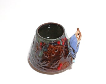 Miniature Bird Figurine Ceramic Vase, Bloom Vase, Holly Berry Handmade Vase, Winter Art, Blue Bird Totem, Vase with Bird, Pottery with Bird