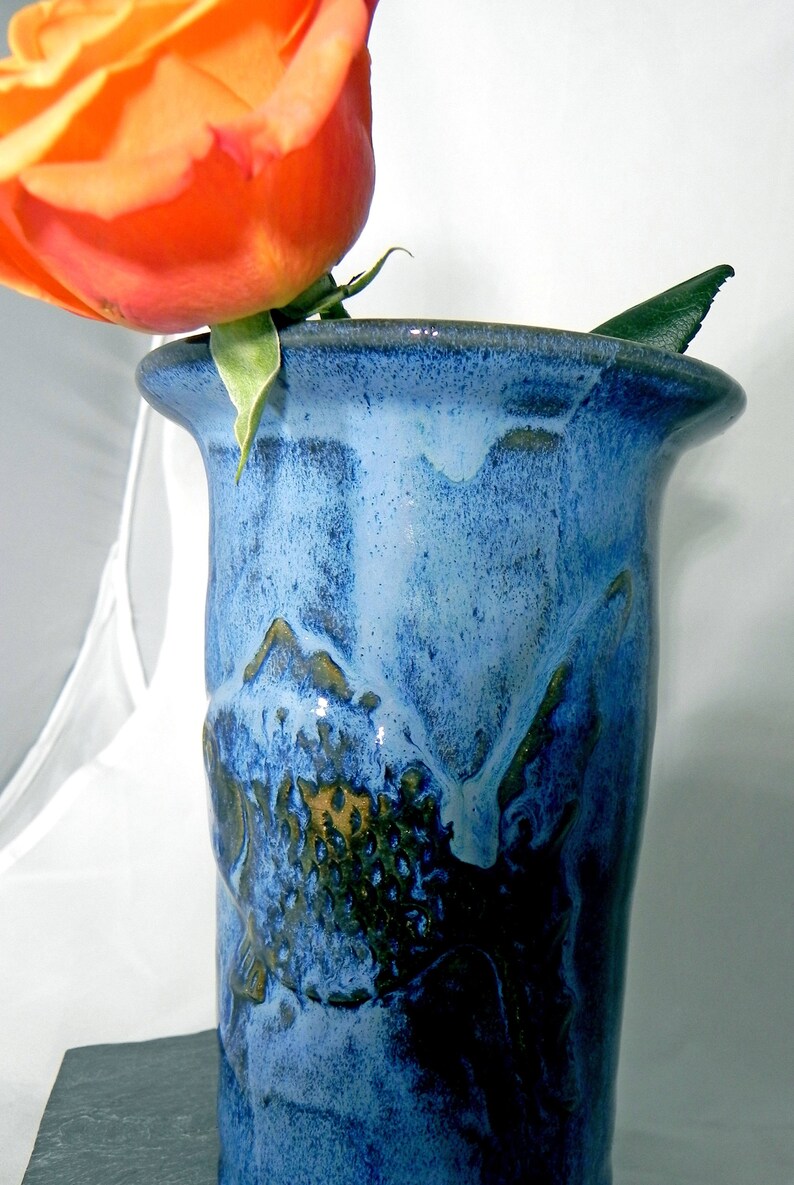 Blue Fish Sculpted Tall Ceramic Vase Handmade Pottery from Etsy
