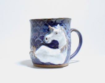 Handmade Purple Mug with Unicorn Relief, White Unicorn Art, Ceramic Mug with Unicorn, Purple Ceramic Mug, Mug with Handle, Coffee Cup Fun