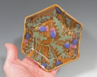 Small Ceramic Stoneware Plate, Pink and Purple Thistles, Handmade gift, Scottish Thistle, Stoneware Pottery, Small Tray, Soap dish, Trinket