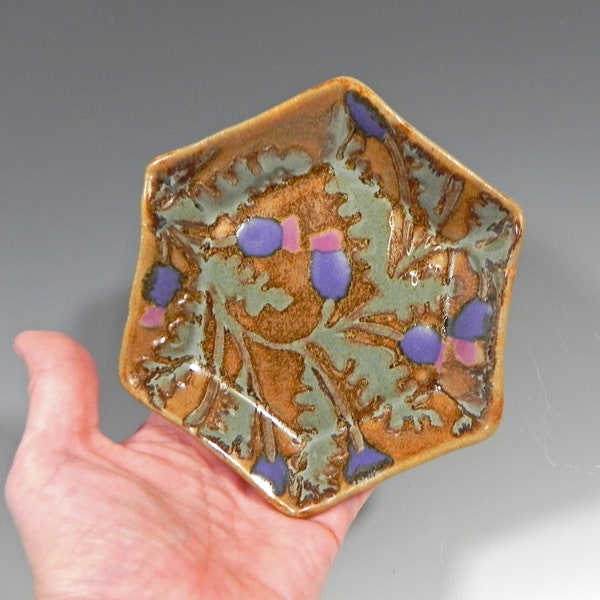 Small Ceramic Stoneware Plate, Pink and Purple Thistles, Handmade gift, Scottish Thistle, Stoneware Pottery, Small Tray, Soap dish, Trinket