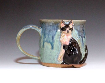 Handmade Green Mug with Custom Cat Figurine Textured Ceramic Mug, Coffee Mug Handmade, Tea Mug Ceramic, Cat Mug