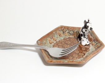 Soap Dish with Black and White Spotted Dog, Dog Figurine, Dog Trinket Tray, Spotted Puppy, Ceramic Dog, Handmade Dog, Gift for Dog Lover