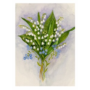 May include: Watercolor painting of a bouquet of flowers. The bouquet features white lily of the valley, green leaves, and small blue forget-me-nots. The background is a soft, light purple and white wash.