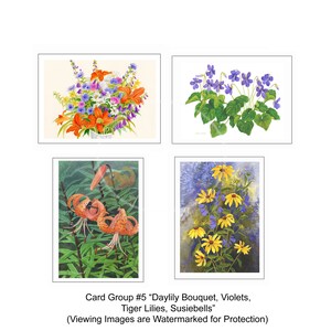 Card Group #5 &quot;Daylily Bouquet, Violets, Tiger Lilies, Susiebells&quot; Quality Cards, Florals, Garden Art, Farmhouse Decor, Notecards, Country