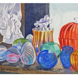 Limited Edition Print &quot;Bement Glassware&quot; by Doris Wilbur Artist, Antiques, Farmhouse Decor, Country Decor Wall Art, Watercolor Art Glassware