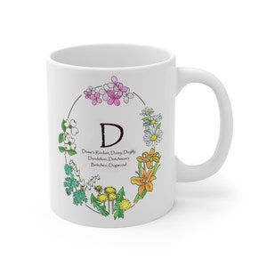 Mug Ceramic 11oz Initial Letter &quot;D&quot; with Wildflowers, Gift for Her, Garden, Nature, Woodland, Personalized Gift, Girlfriend Gift, Ecology