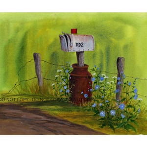 May include: A white mailbox with a red top and the number "RD2" on it, mounted on a wooden post. The mailbox is surrounded by a rusty metal milk jug and blue wildflowers.
