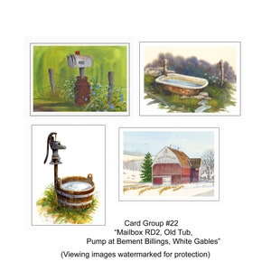 May include: A watercolor painting of a red barn with a white sign that reads "Bement Billings" and a white gable. The barn is surrounded by snow and trees. The painting is part of a set of four watercolor paintings that depict rural scenes.