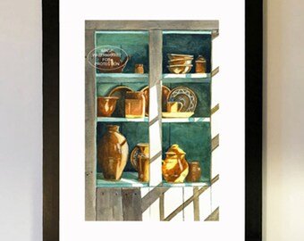 Original Watercolor Painting "Bement Cupboard" by Doris Wilbur-Artist, ready to hang gift, home cottage decor, antiques vintage collectible