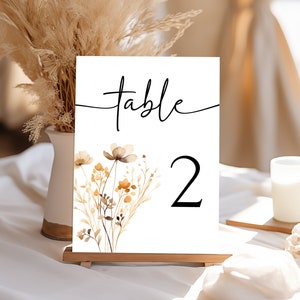 Wildflower Table Number Template, Wildflower Table Number Card, Wedding Table Numbers With Wildflowers, Wildflower Wedding Table Numbers