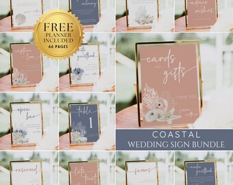 May include: A set of 10 printable wedding signs with a coastal theme. The signs feature watercolor illustrations of seashells, starfish, and coral in shades of blue, pink, and white. The signs are perfect for a beach wedding or any coastal-themed event.