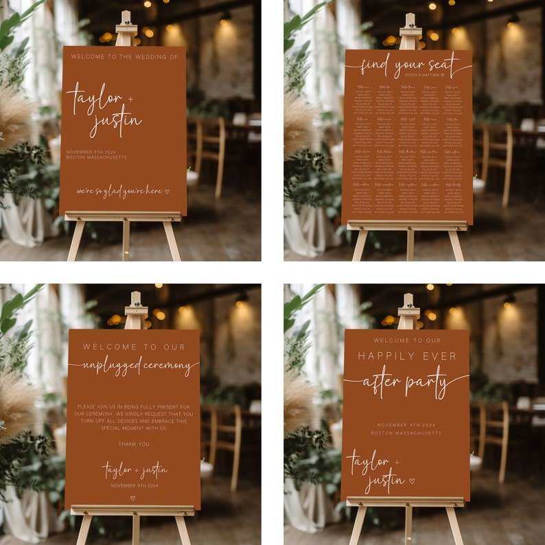 May include: Four brown signs with white text on easels. The signs are for a wedding and include the wedding date, location, and the names "Taylor + Justin". The signs read "Welcome to the Wedding of Taylor + Justin", "Find Your Seat", "Welcome to Our Unplugged Ceremony", and "Welcome to Our Happily Ever After Party".