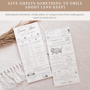 Modern minimalist digital wedding program, customizable template including guest details and ceremony schedule, perfect for DIY brides