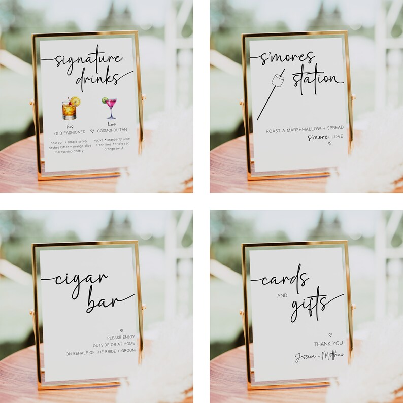 Pu&ograve; includere: Quattro cartelli con cornice dorata, sfondo bianco e calligrafia nera. I cartelli sono su supporti in legno. I cartelli recitano "Signature Drinks", "S'mores Station", "Cigar Bar" e "Cards and Gifts".