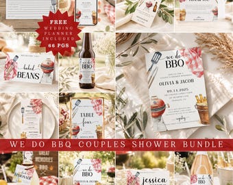 May include: A wedding stationery bundle featuring a BBQ theme with illustrations of a red grill, spatula, tongs, and red checkered cloth. Items include invitations, menu cards, table signs, and bottle labels with text like We Do BBQ and Olivia & Jacob.
