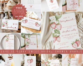 Berry Sweet Bridal Shower Bundle, Strawberry Invitation and Games, Pink Gingham Berry in Love Bridal Shower, Editable Template Set