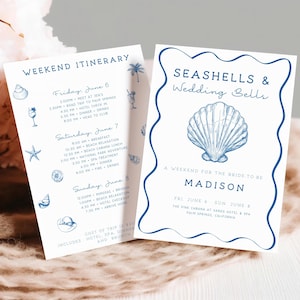 Seashells and Wedding Bells Invitation, Beach Bachelorette Invite, Editable Canva Template, Coastal Bachelorette Itinerary Weekend