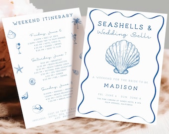 Seashells and Wedding Bells Invitation, Beach Bachelorette Invite, Editable Canva Template, Coastal Bachelorette Itinerary Weekend