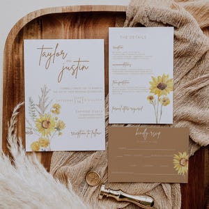 Sunflower Wedding Invitation Template Set, Rustic Wedding Invitation Suite, Printable Editable Wedding, Elegant Field Floral Yellow Wedding