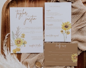Conjunto de plantillas de invitación de boda con girasoles, conjunto de invitaciones de boda rústicas, invitación de boda editable e imprimible, elegante boda con flores amarillas en el campo