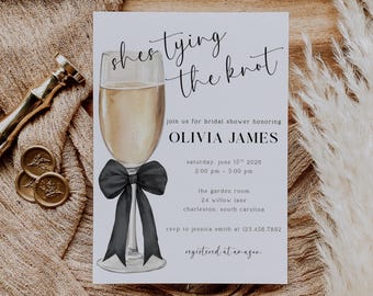 Editable Champagne Bridal Shower Invitation Black Bow Template Shes Tying The Knot Digital Download Printable Invite For Bride