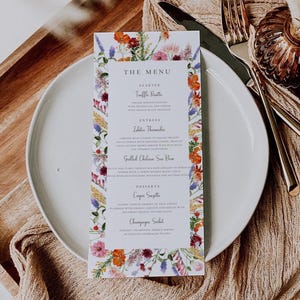 Wildblumen Hochzeitsmenü Vorlage, Florale Hochzeit Menükarte Gartenparty Menükarte, Boho Modern Cottage Garden Frühlingshochzeit Menükarte