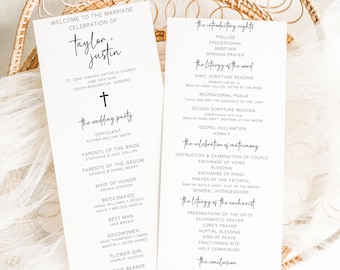 Szablon programu ślubu katolickiego, elegancki program ceremonii ślubnej, program mszy ślubnej, minimalistyczna ceremonia kościelna do wydrukowania