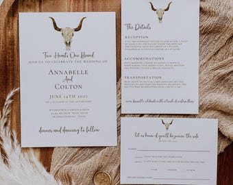 Western Boho Wedding Invitation Suite, Editable Template, Longhorn Minimalist Western Wedding Invite, Rustic Cowboy Wedding