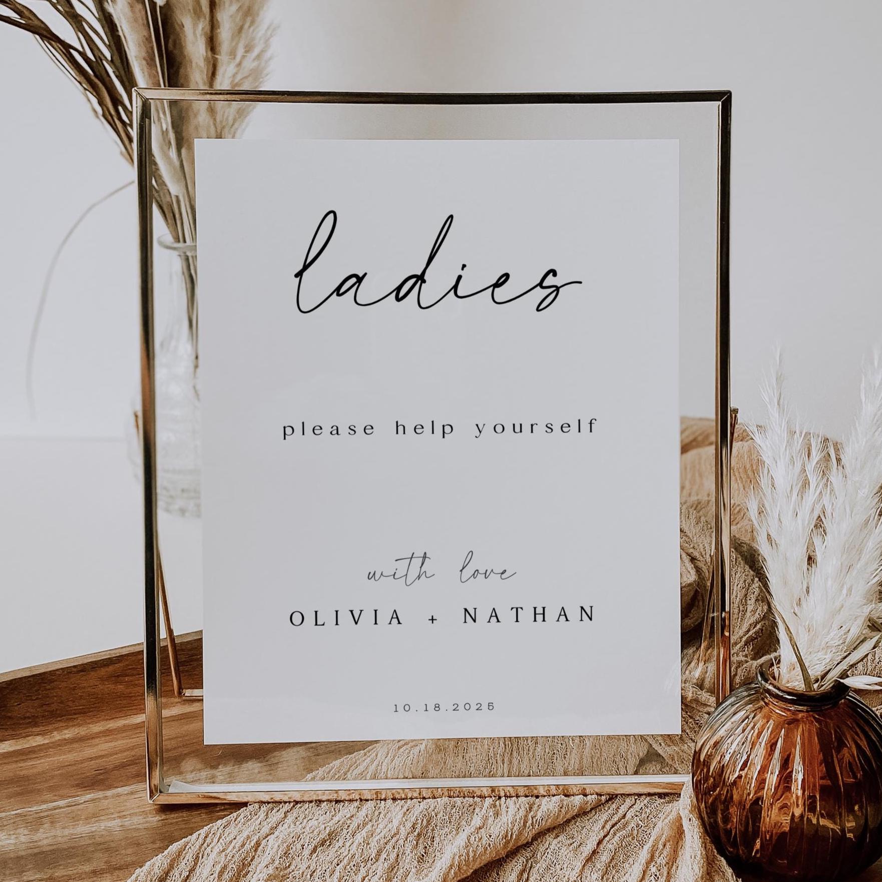 Modern Minimalist Wedding Bathroom Basket Sign, Ladies and Gentlemen Restroom Sign, Please Take One, Editable Boho Canva Template Download