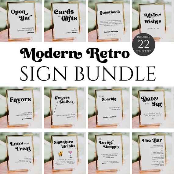 Retro Wedding Sign Bundle, Wedding Signs Bundle Retro, Retro Wedding Bundle, Wedding Bar Signs Retro, Wedding Reception Bundle Canva