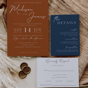Ensemble de faire-part de mariage orange brûlé bleu marine, faire-part de mariage bleu marine en terre cuite avec RSVP, idées de mariage d'automne, invitation orange brûlé bleu marine