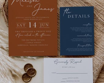 May include: A wedding invitation suite with a rust-colored card featuring the names Madison and James, a navy blue card with the details of the wedding, and a white RSVP card. The invitation states that the wedding will be held on Saturday, June 14th at four o'clock in the afternoon at The Biltmore Estate in Asheville, North Carolina.