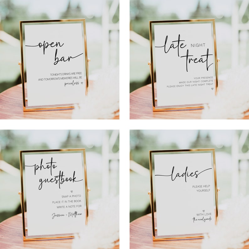 Pu&ograve; includere: Quattro cartelli con cornice dorata, sfondo bianco e calligrafia nera. I cartelli recitano "open bar", "late night treat", "photo guestbook" e "ladies".