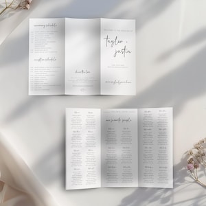 Trifold Modern Minimalist Wedding Program Template, Wedding Day Timeline Seating Chart Template, Ceremony Program Order of Service Printable
