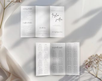 Trifold Modern Minimalist Wedding Program Template, Wedding Day Timeline Seating Chart Template, Ceremony Program Order of Service Printable