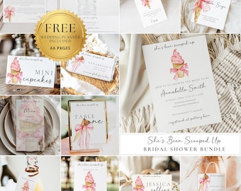 She’s Been Scooped Up Bridal Shower Template Bundle, Pink Ice Cream Themed Bridal Shower, Editable Party Bundle Instant Download Shower Game