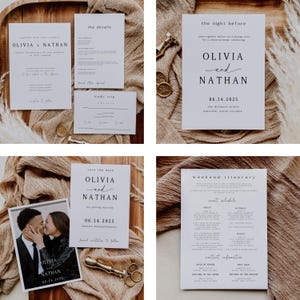 May include: A selection of white wedding stationery with a minimalist design. The set includes invitations, RSVP cards, and an itinerary. The text "OLIVIA and NATHAN" is featured on several cards, along with the date 06.14.2025.