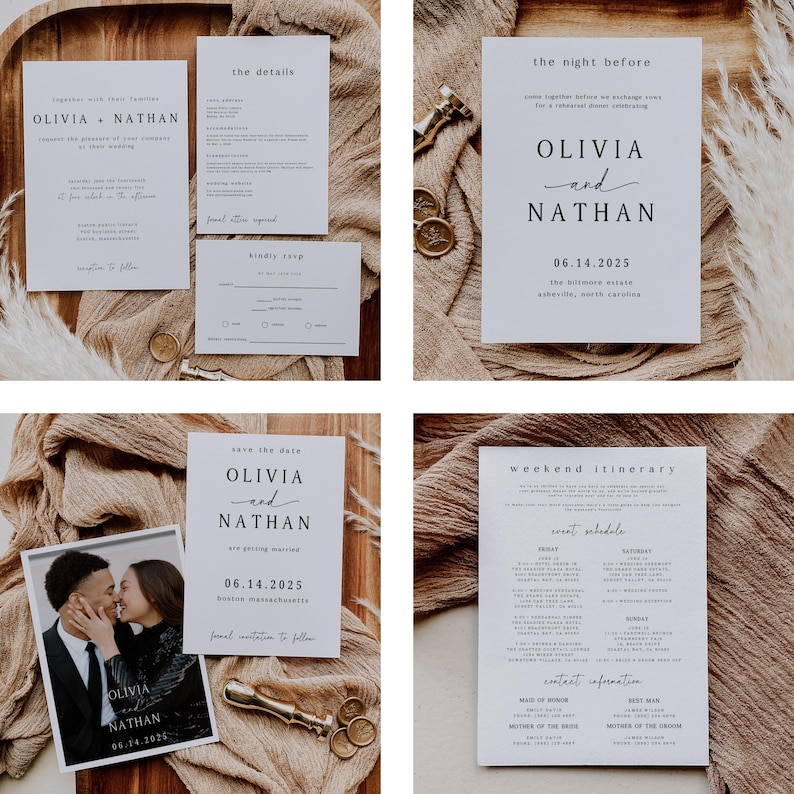 May include: A selection of white wedding stationery with a minimalist design. The set includes invitations, RSVP cards, and an itinerary. The text "OLIVIA and NATHAN" is featured on several cards, along with the date 06.14.2025.