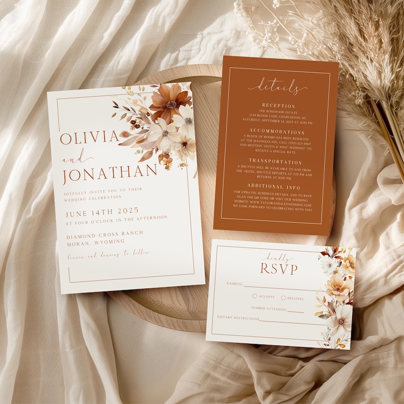 Editable digital wedding invitation suite with floral accents, perfect for DIY brides looking for affordable print-at-home options
